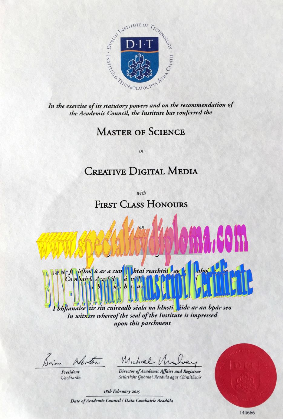 Fake Dublin Institute of Technology Diploma Certificate