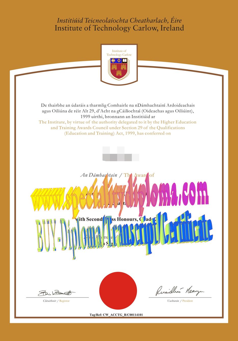 Fake Fake Carroll Institute of Technology, Ireland Diploma Certificate Certificate